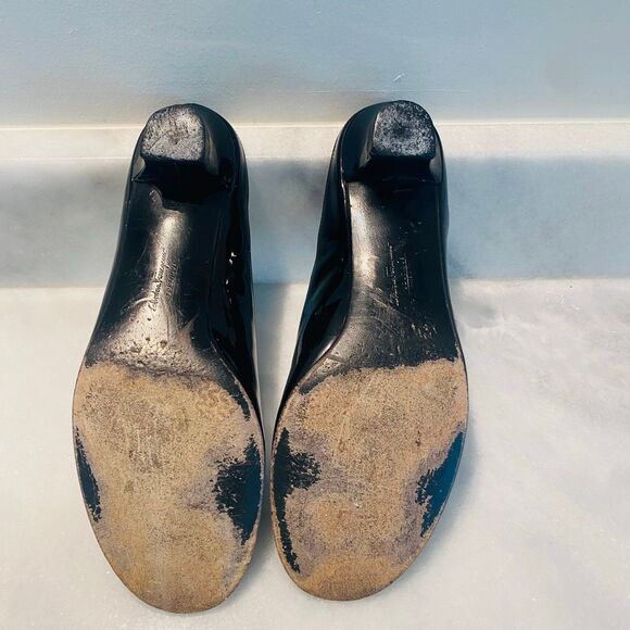 Salvatore Ferragamo Patent Leather Open Toe Kitten Heel Mule Sandal Black Sz 8.5 - Picture 7 of 8